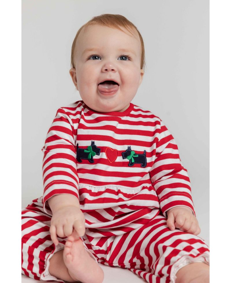 Baby Girls' Stripe Applique Scotty Dogs and Heart Long Sleeve Longall