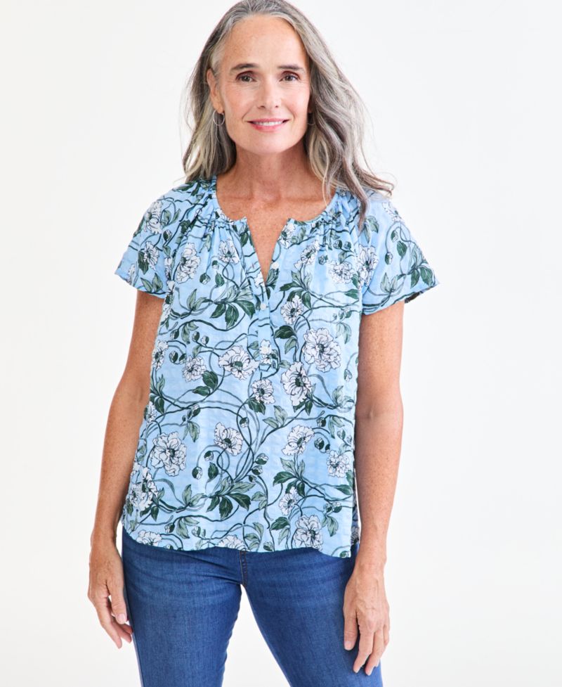 Women's Seersucker Floral-Print Top