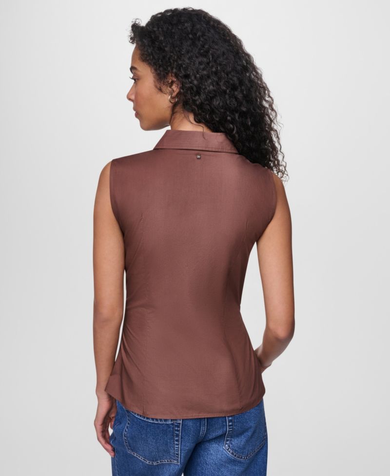 Women's Sleeveless Collared Twist Front Button-Up Shirt