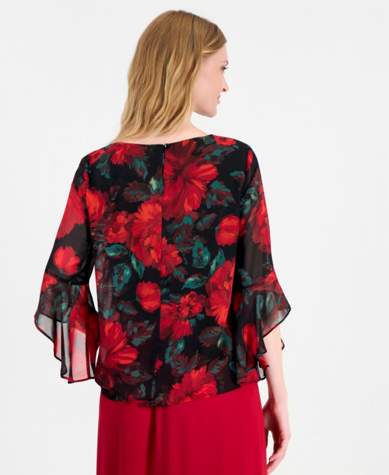 Women's Ruffle 3/4-Sleeve Boat Neck Floral Blouse