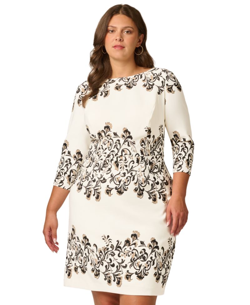 Plus Size Floral-Print 3/4-Sleeve Sheath Dress