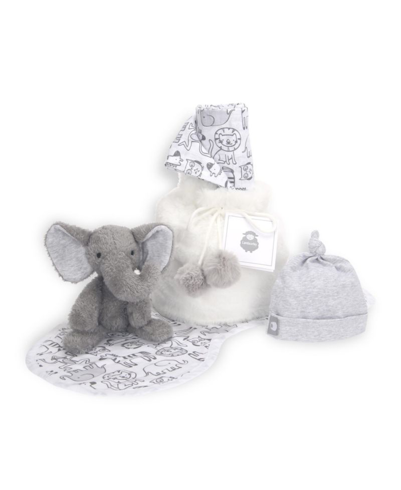 Lambs and Ivy 5 Piece Gray/White Plush Infant/Newborn Baby Gift Bag w/ Swaddle