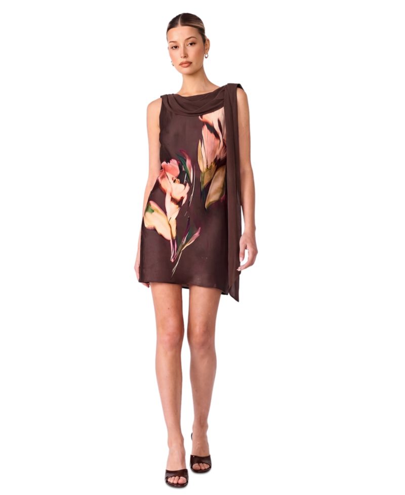Mani Satin Floral Cowl-Neck Mini Dress