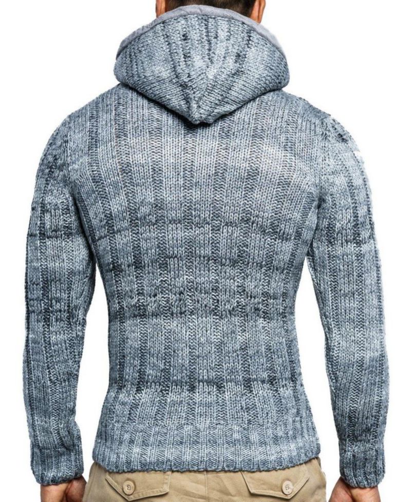 Men's Knit Zip-up Jacket With Geometric Patterns and Leather Accents