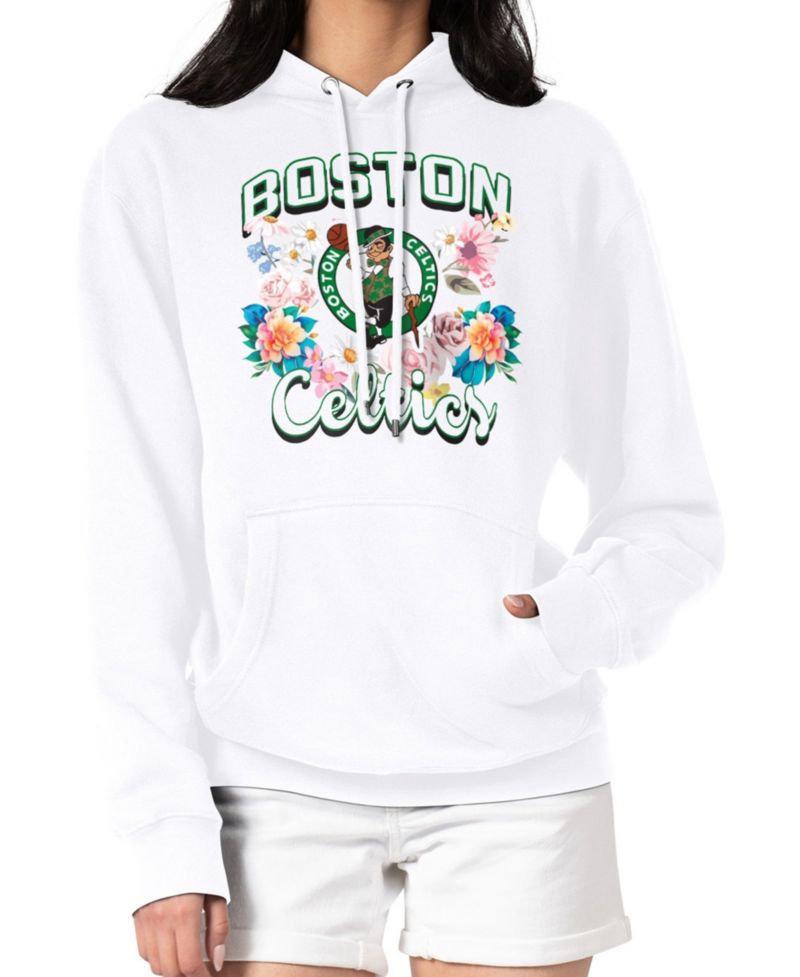 Women's White Boston Celtics Flowers Team Logo Graphic Fleece Pullover Hoodie