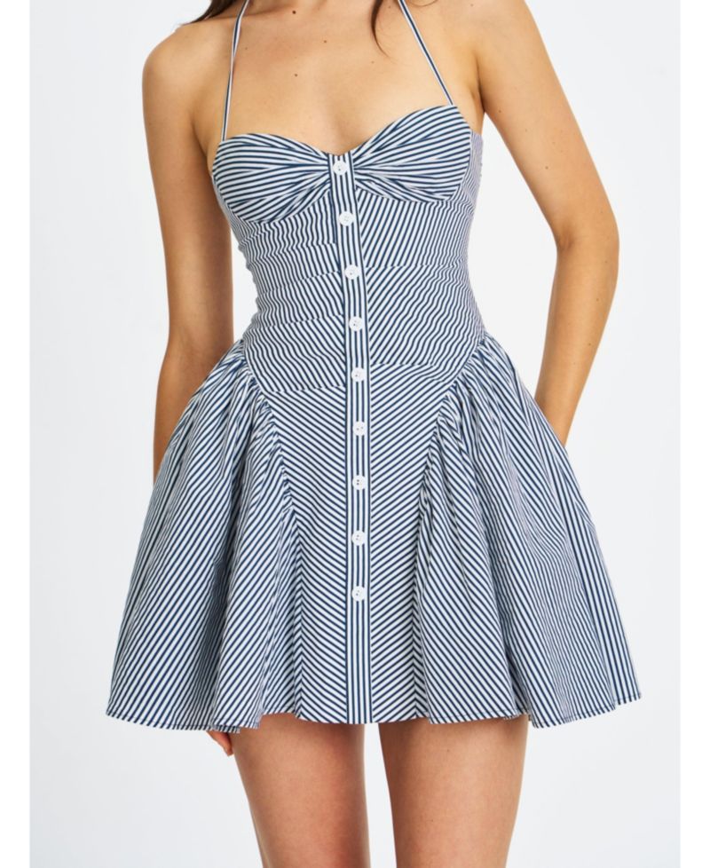 Women Melody Navy Blue Railroad Stripe Halter Drop Waist Mini Dress