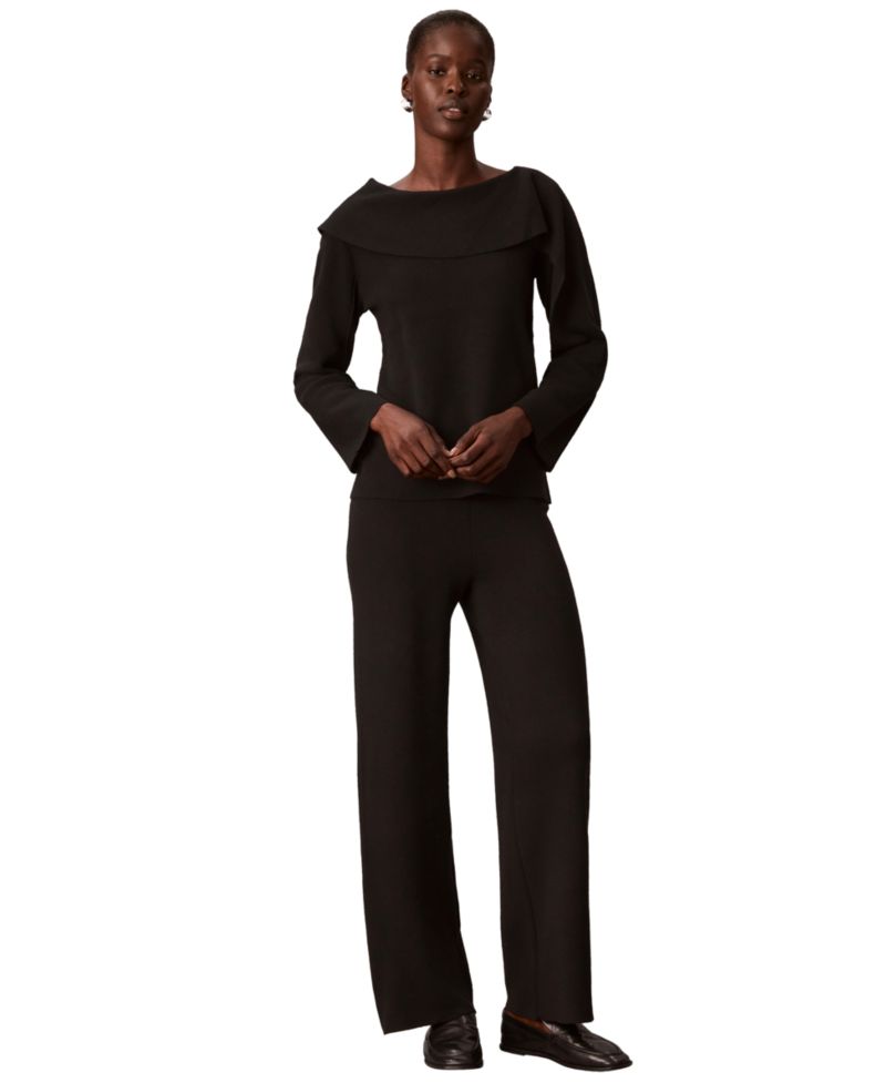 Petite Asymmetrical Drape Boat Neck Long-Sleeve Sweater
