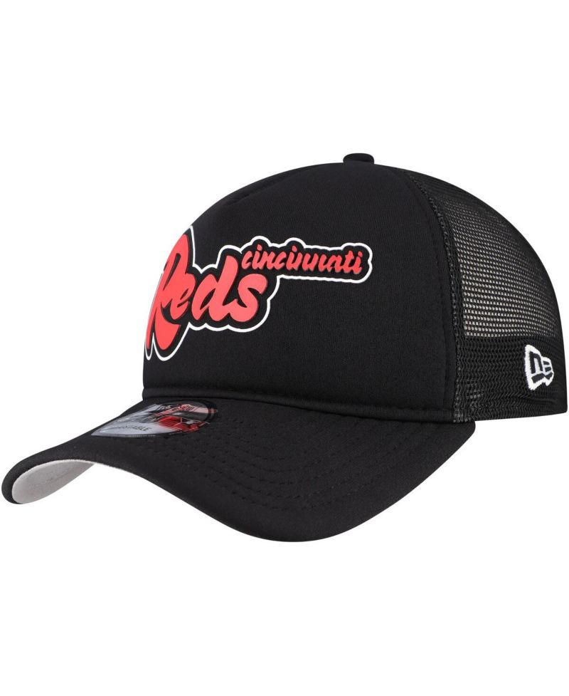 Men's Black Cincinnati Reds Retro Bold A-Frame Trucker 9FORTY Adjustable Hat