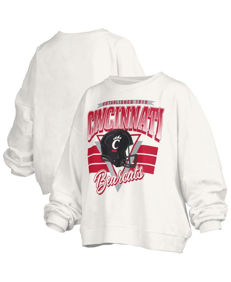 Women's White Cincinnati Bearcats Oversized Janice Retro Waist-Length Pullover Sweatshirt
