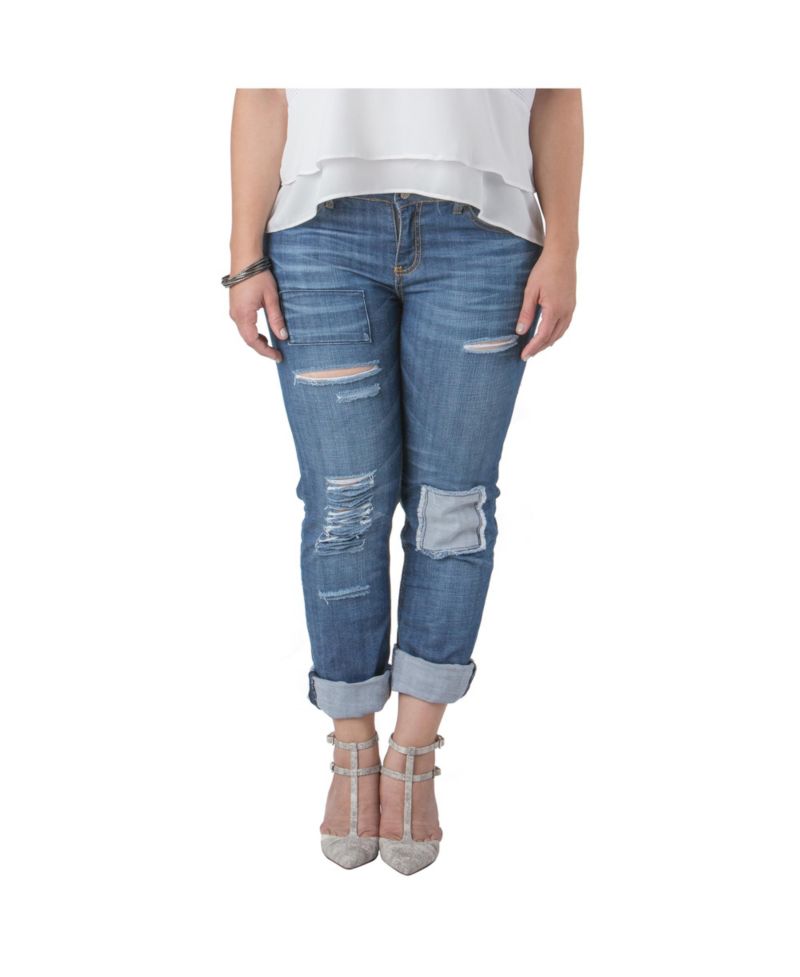 Plus Size Women Distressed And Patched Boyfriend Jeans