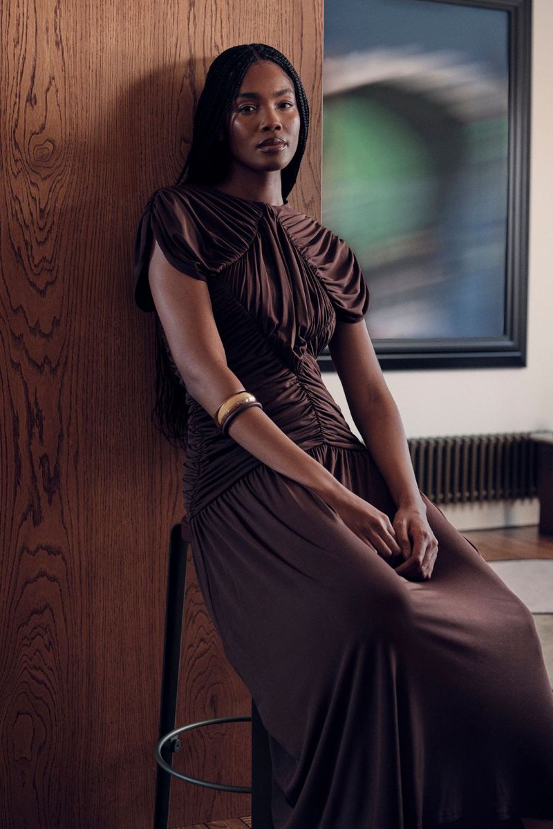 Women's Short-Sleeve Open Back Ruched Jersey Maxi Dress