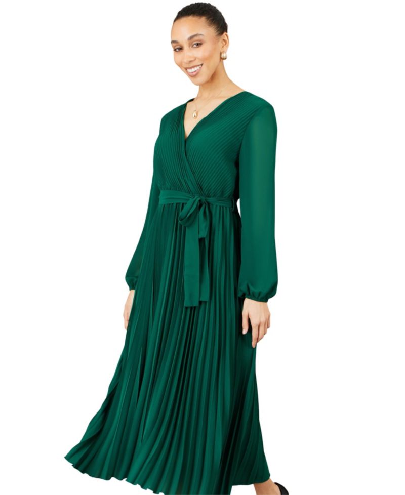 Women's Long-Sleeve V-Neck Pleated Wrap Midi Dress