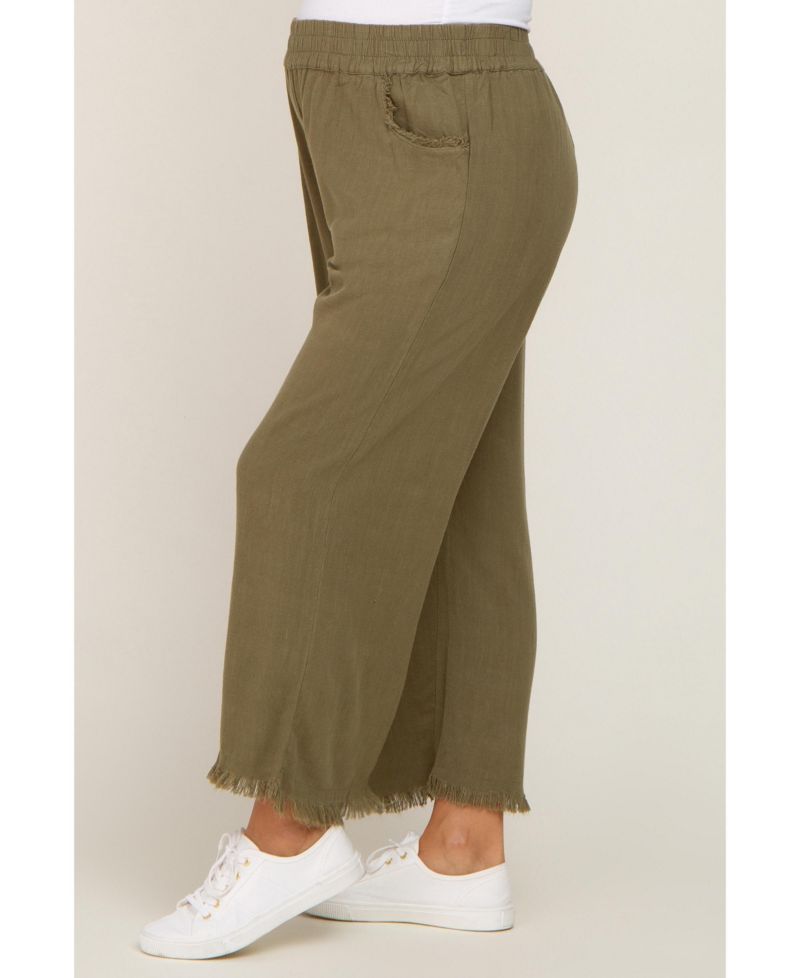 Women's Olive Linen Frayed Hem Crop Pants