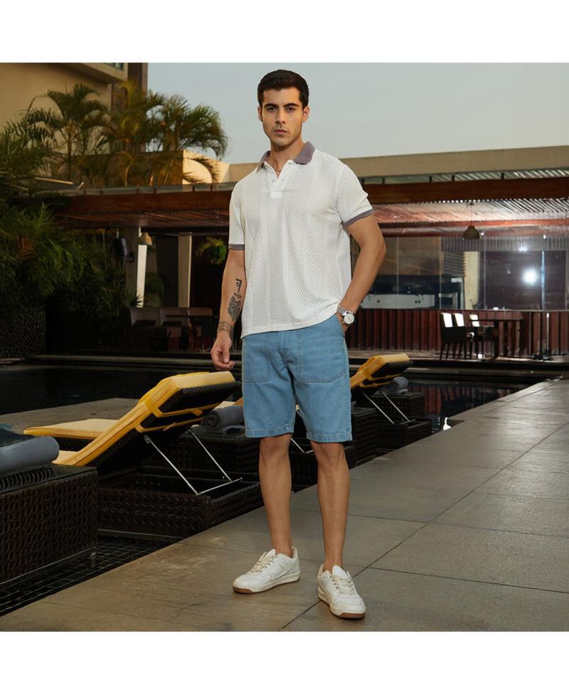 Men's Chalk White and Pastel Purple Contrast Open-Knit Polo T-Shirt