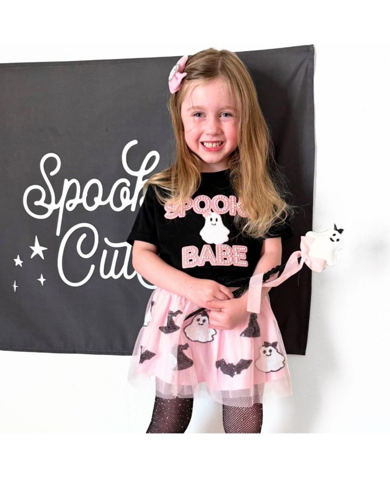 Little Girls Spooky Babe Patch Halloween Short Sleeve T-Shirt