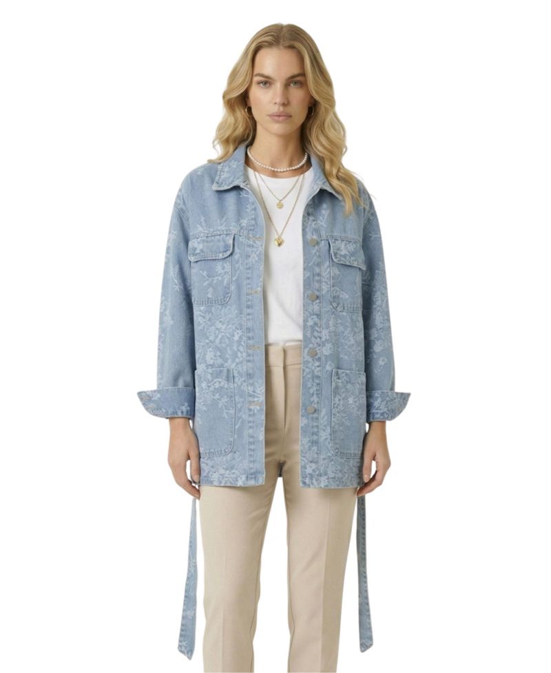 Women's Floral Jacquard Belted Waist Jacket