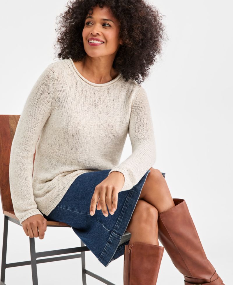 Women's Petite Boat Neck Tape Yarn Sweater