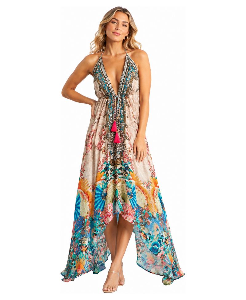 Women's Floral Halter Plunge Maxi Dress
