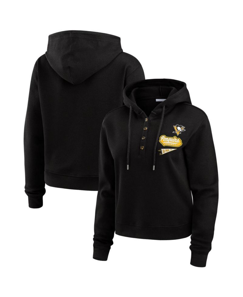 Women's Black Pittsburgh Penguins Waffle-Knit Pullover Hoodie