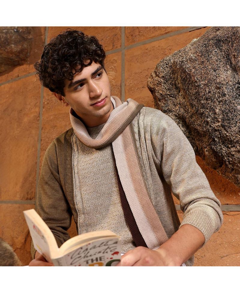 Men's Sand Beige Textured-Jacquard Knit Pullover Sweater
