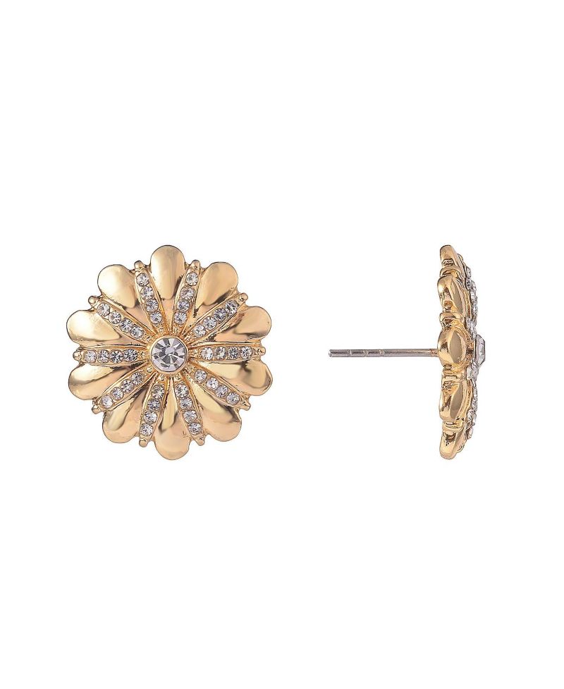 Gold Tone Flower Button Earrings