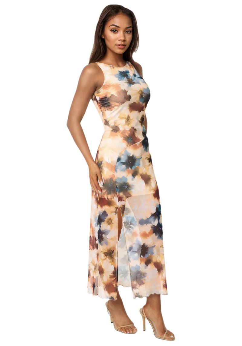 Womens Printed Powermesh Side Shirred Maxi Dress