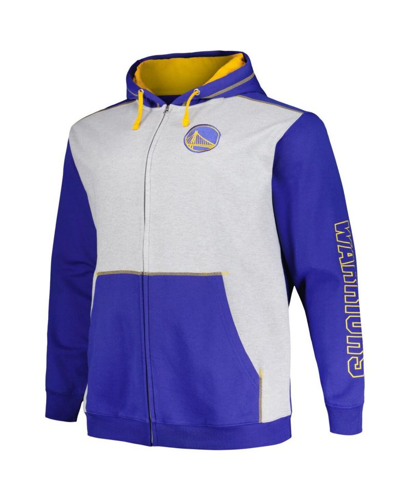 Men's Royal/Heather Gray Golden State Warriors Big & Tall Contrast Pieced Stitched Full-Zip Hoodie