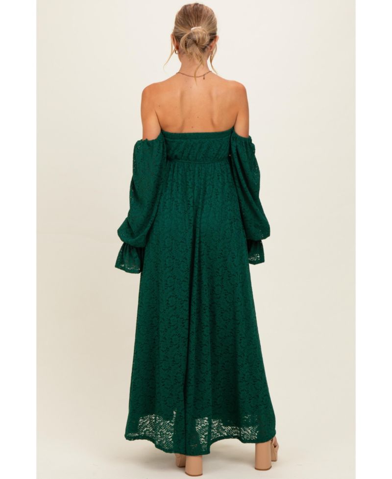 Women's Hunter Green Lace Floral Long Sleeve Photoshoot Gown/Dress