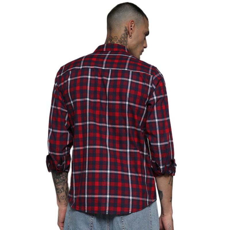 Men's Navy Blue & Red Tartan Plaid Shirt