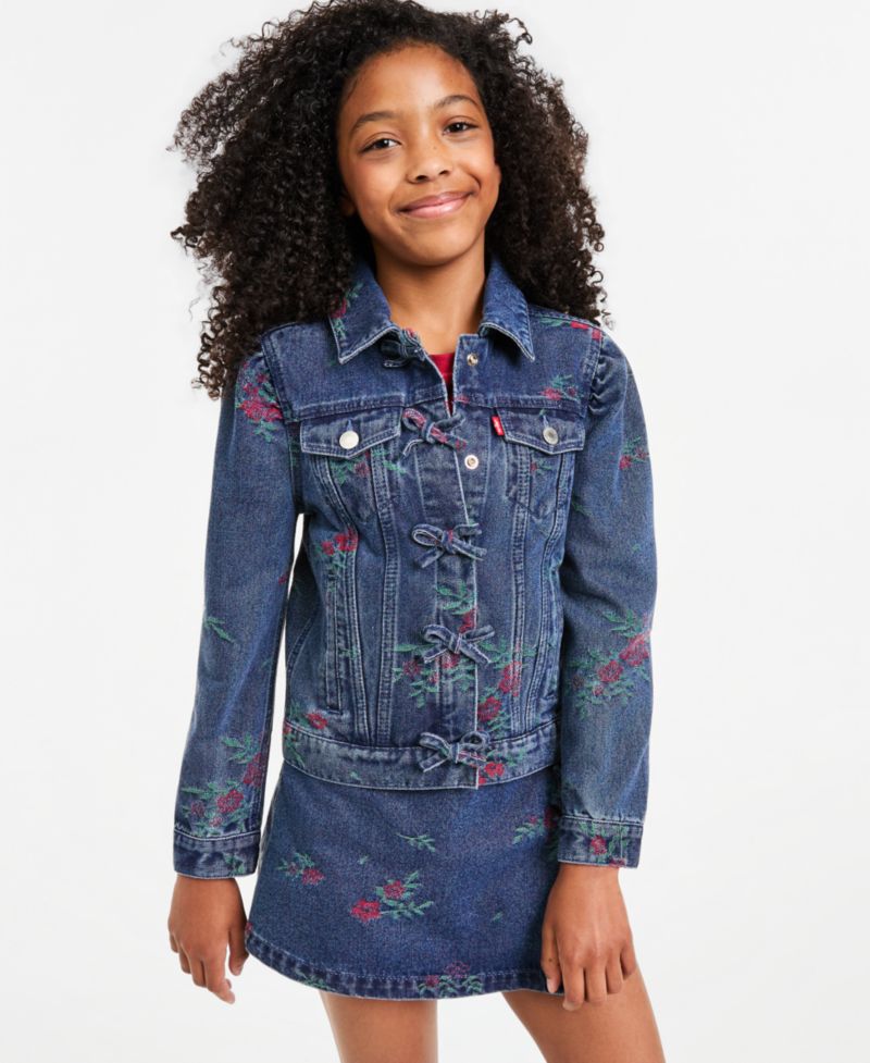 Girls' S-XL Floral Jacquard Trucker Jacket With Bows