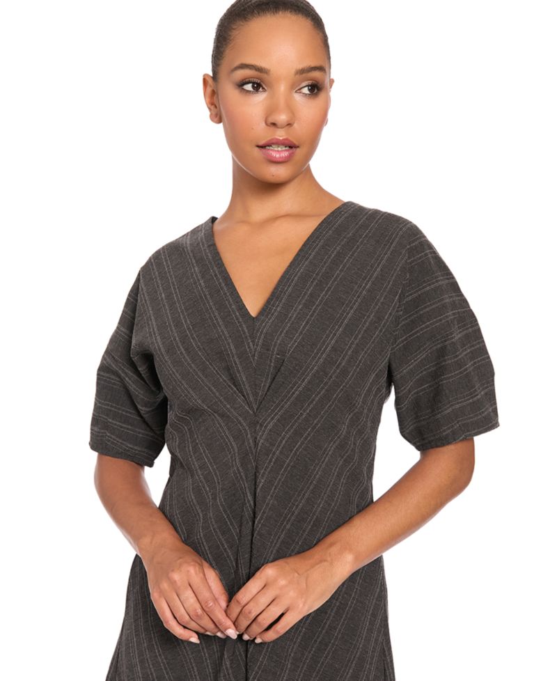 Women's 3/4 Puff-Sleeve V-Neck Striped Fit-and-Flare Midi Dress
