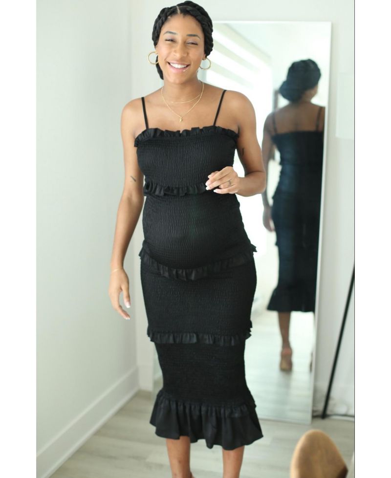 Women's Blue Satin Smocked Fitted Maxi Dress