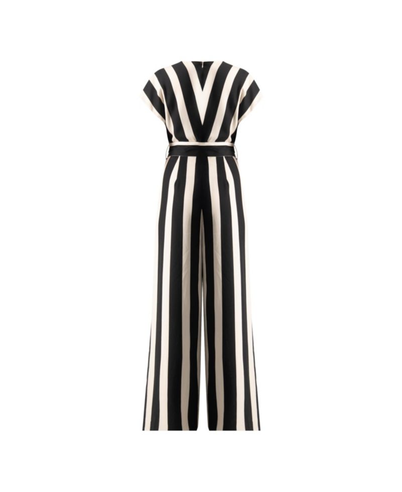 Women's Striped V-Neck Jumpsuit with Waist Tie