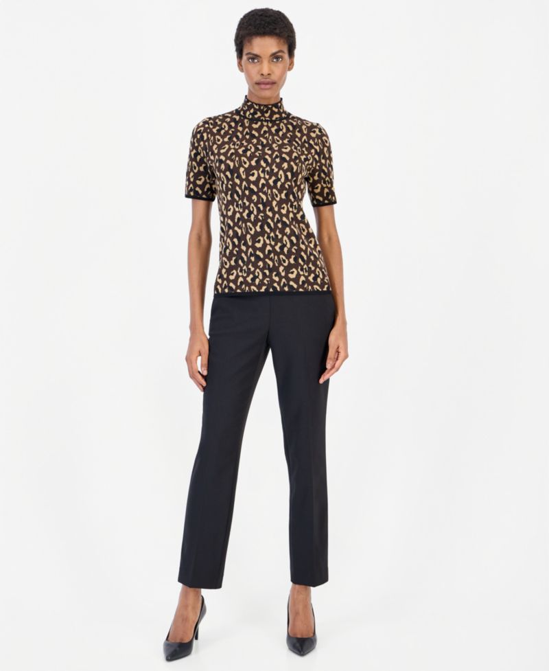 Petite Animal-Print Mock-Neck Short-Sleeve Sweater