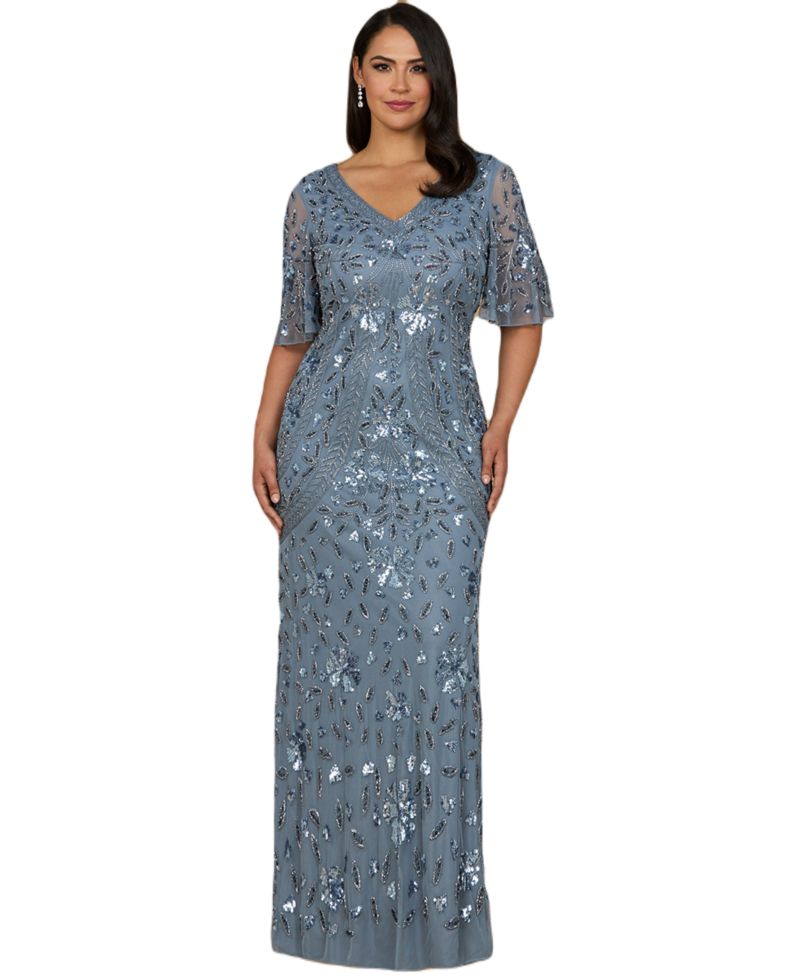 Women's V-Neck, Cape Sleeve Beaded Gown