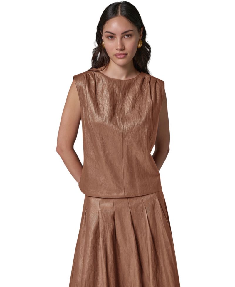Women's Faux-Leather Sleeveless V-Back Blouse