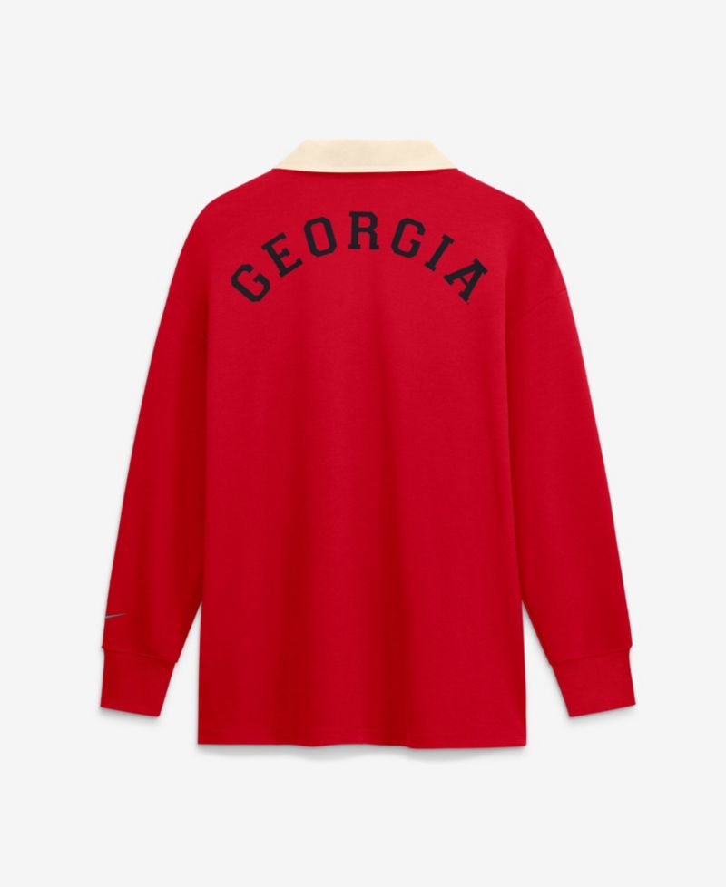 Women's Red Georgia Bulldogs Oversized Essential Dri-FIT Long Sleeve V-Neck Polo