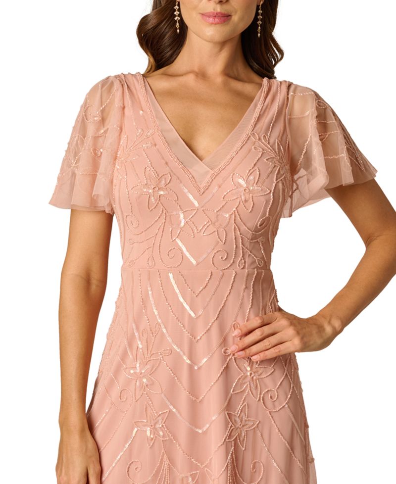 V-Neck Beaded Mesh Flutter-Sleeve Dress