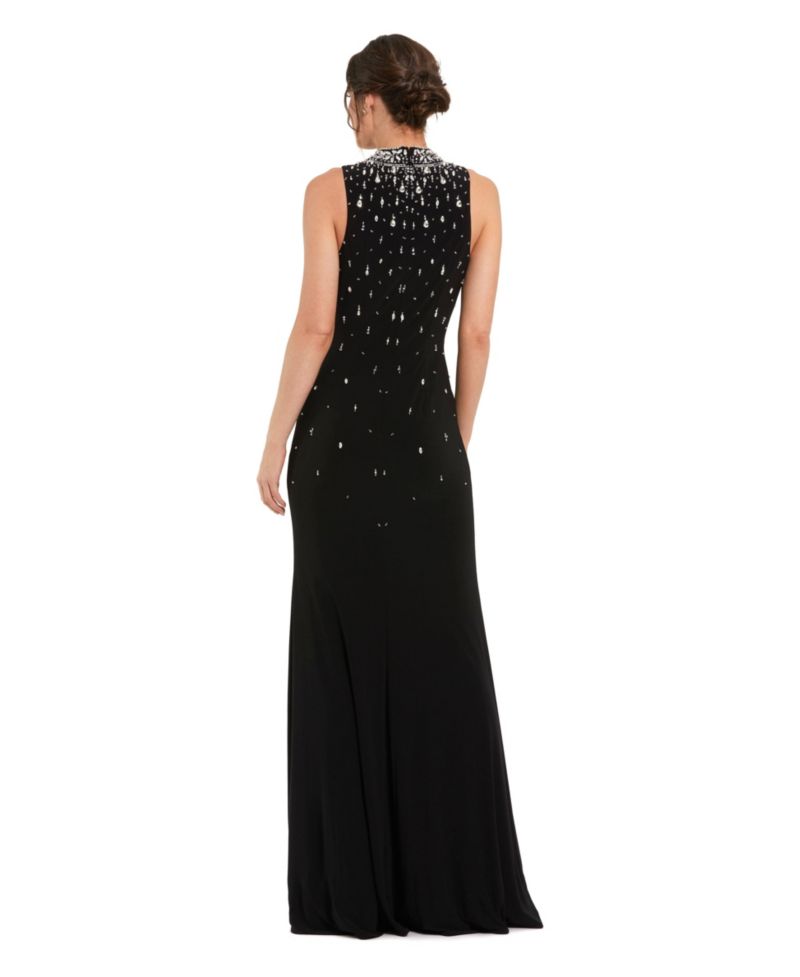 Women's High Neck Sleeveless Beaded Jersey Fitted Gown