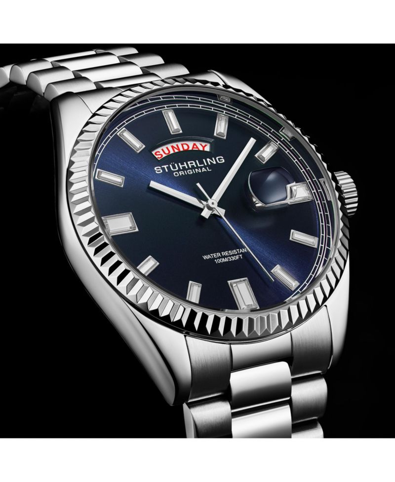 Statesman 4070 Men s Watch – Stainless Steel Bracelet, Blue Dial, Day-Date Quartz, 42mm Fluted Bezel