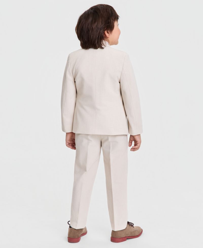 Boys' 2T-7 Peach Linen Notch Collar Suit Jacket, Pants, Long-Sleeve Stripe Shirt & Plaid Necktie, 4-Piece Set