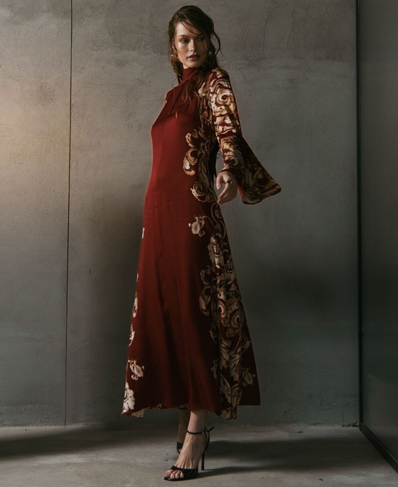 Women's Analeia Mock-Neck A-Line Long-Sleeve Silk-Blend Maxi Dress