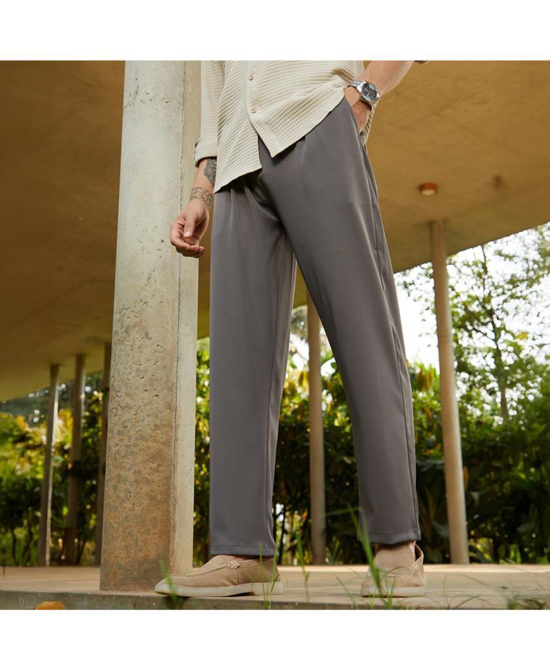 Men's Charcoal Black Straight Pleated Trousers