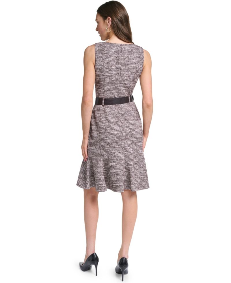 Women's Sleeveless V-Neck Tweed Belted A-Line Dress