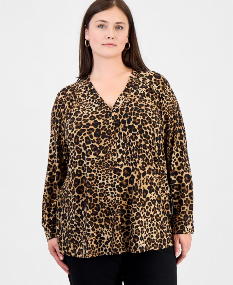 Plus Size V-Neck Notch Collar Blouse