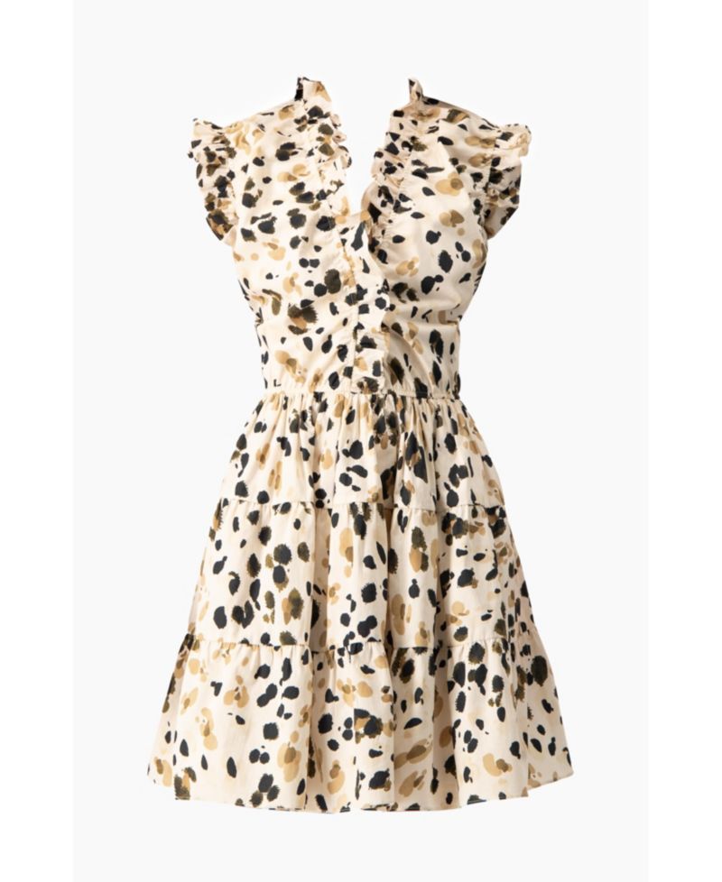 Women's Abstract Animal Print Ruffle V-Neck Mini Dress