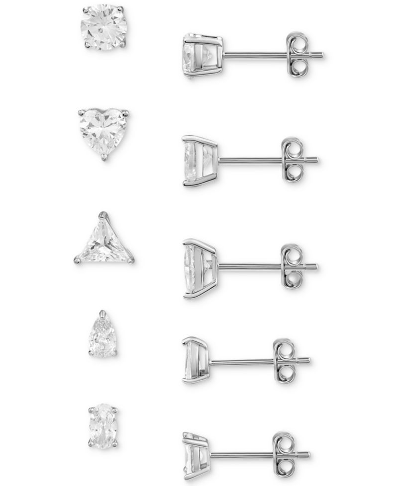 5-Pc. Set Cubic Zirconia Solitaire Multi-Cut Stud Earrings in Sterling Silver