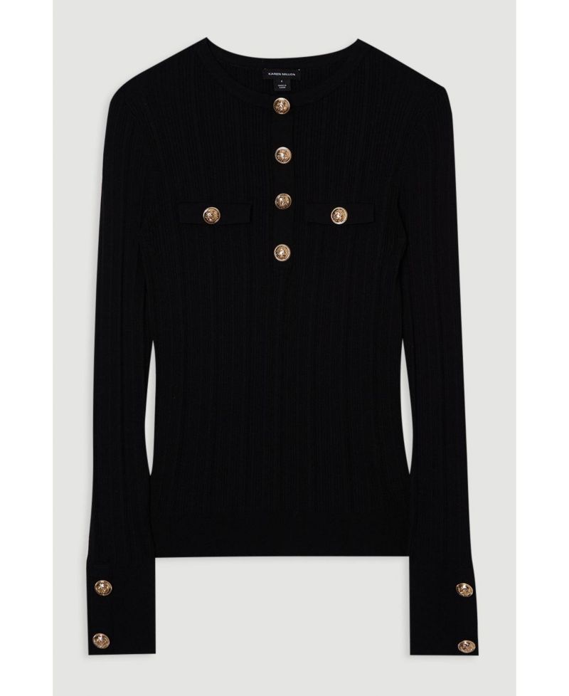 Women's Military Trim Rib Long Sleeve Knit Top