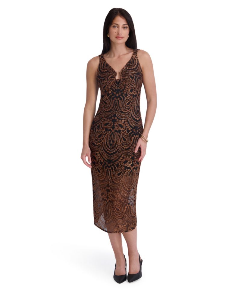 Women's Embroidered Mesh V-Neck Sleeveless Midi Dress