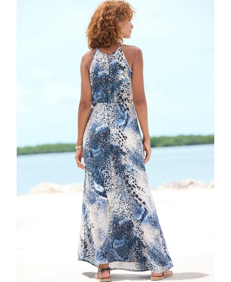Women's Viscose Printed High Neck Sleeveless A-Line Maxi Dress